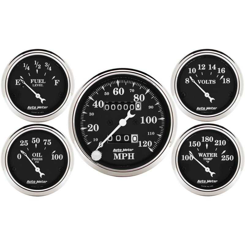 AutoMeter, Auto Meter Gauge Kit 5 pc. 3 1/8in & 2 1/16in Mechanical Speedometer Old Tyme Black