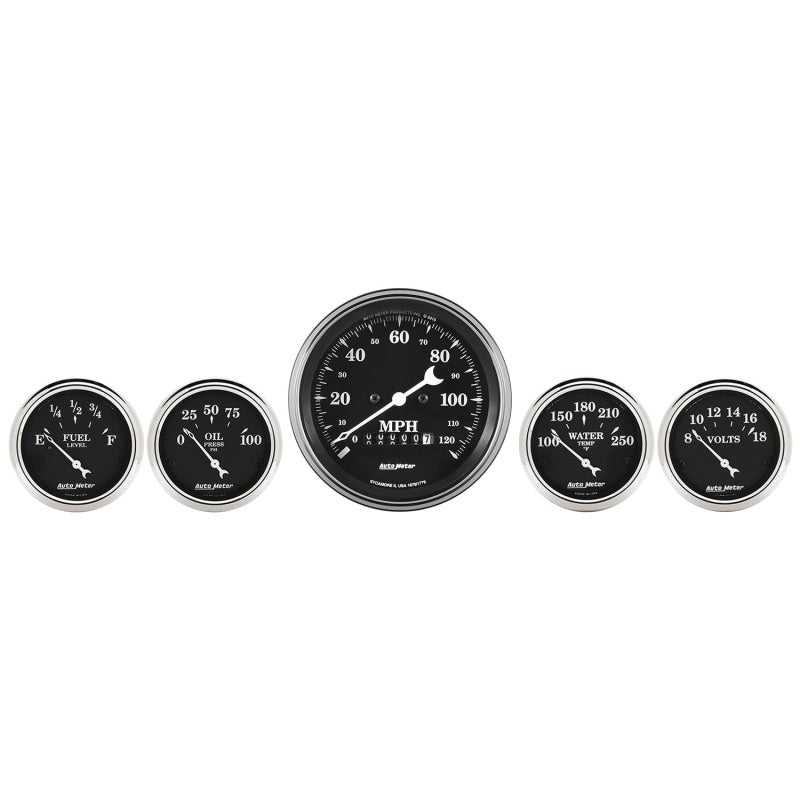 AutoMeter, Auto Meter Gauge Kit 5 pc. 3 3/8in & 2 1/16in Elec. Speedometer Old Tyme Black