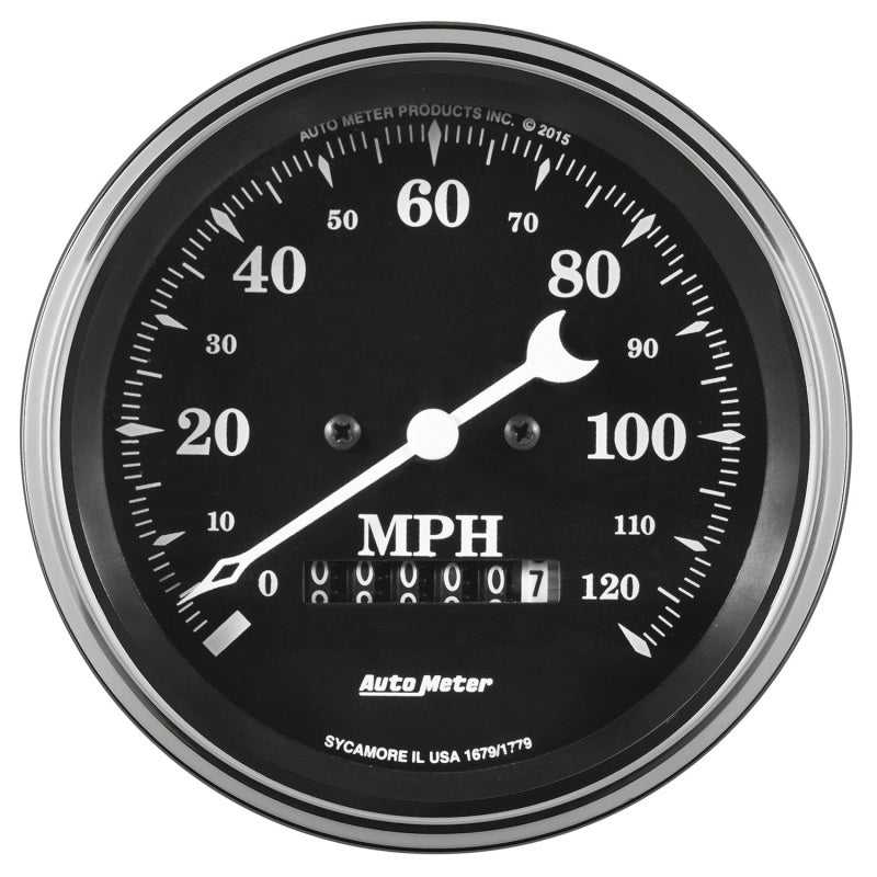 AutoMeter, Auto Meter Gauge Speedo. 3 3/8in 120mph Elec. Prog. w/ Wheel Odo Old Tyme Black